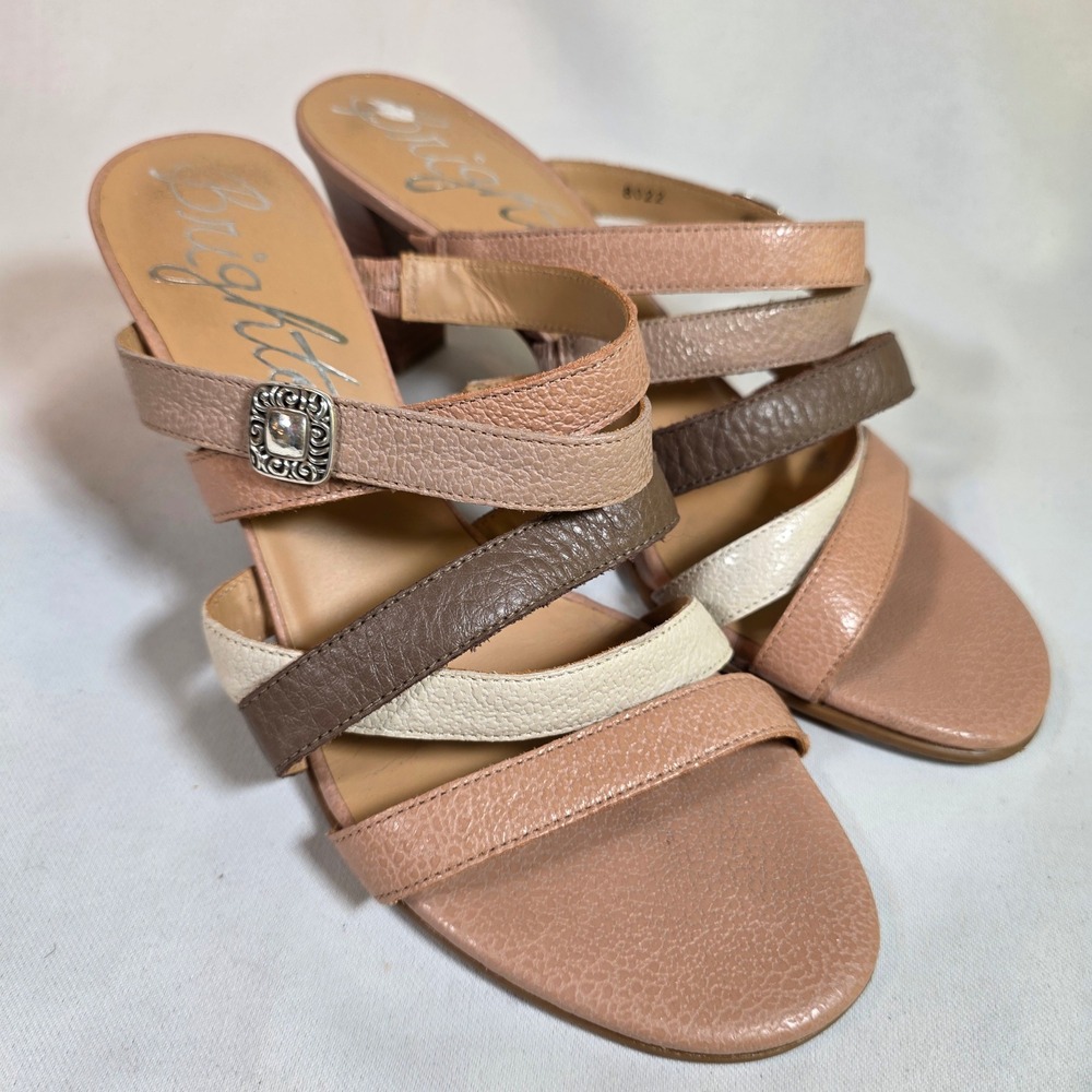 BRIGHTON Rebel Womens 8 Neutral Strappy Leather Cone Heel Sandals Made in Brazil